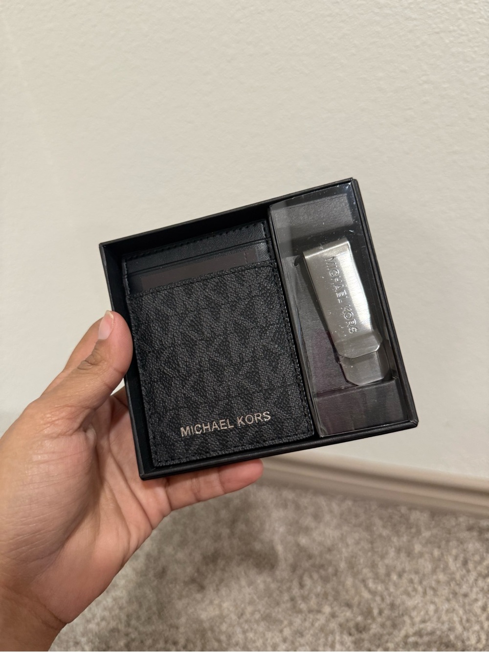 NEW Michael Kors Black Leather Card Holder & Money Clip Set